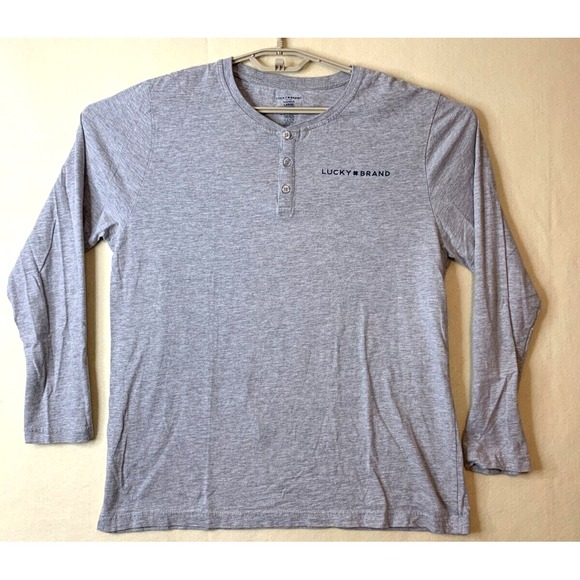 Lucky Brand Henley T Shirt Mens Sleepwear‎ Large Long Sleeve Gray Spellout Sz L - Picture 1 of 9